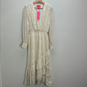 Lilly Pulitzer Cristiana Midi Dress Coconut Cream Gold Metallic Long Sleeve NEW